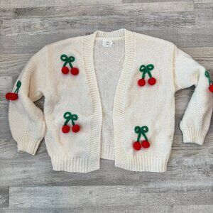 Anthropologie Luna Ivy ivory 3D cherry applique crop sweater cardigan XS G41